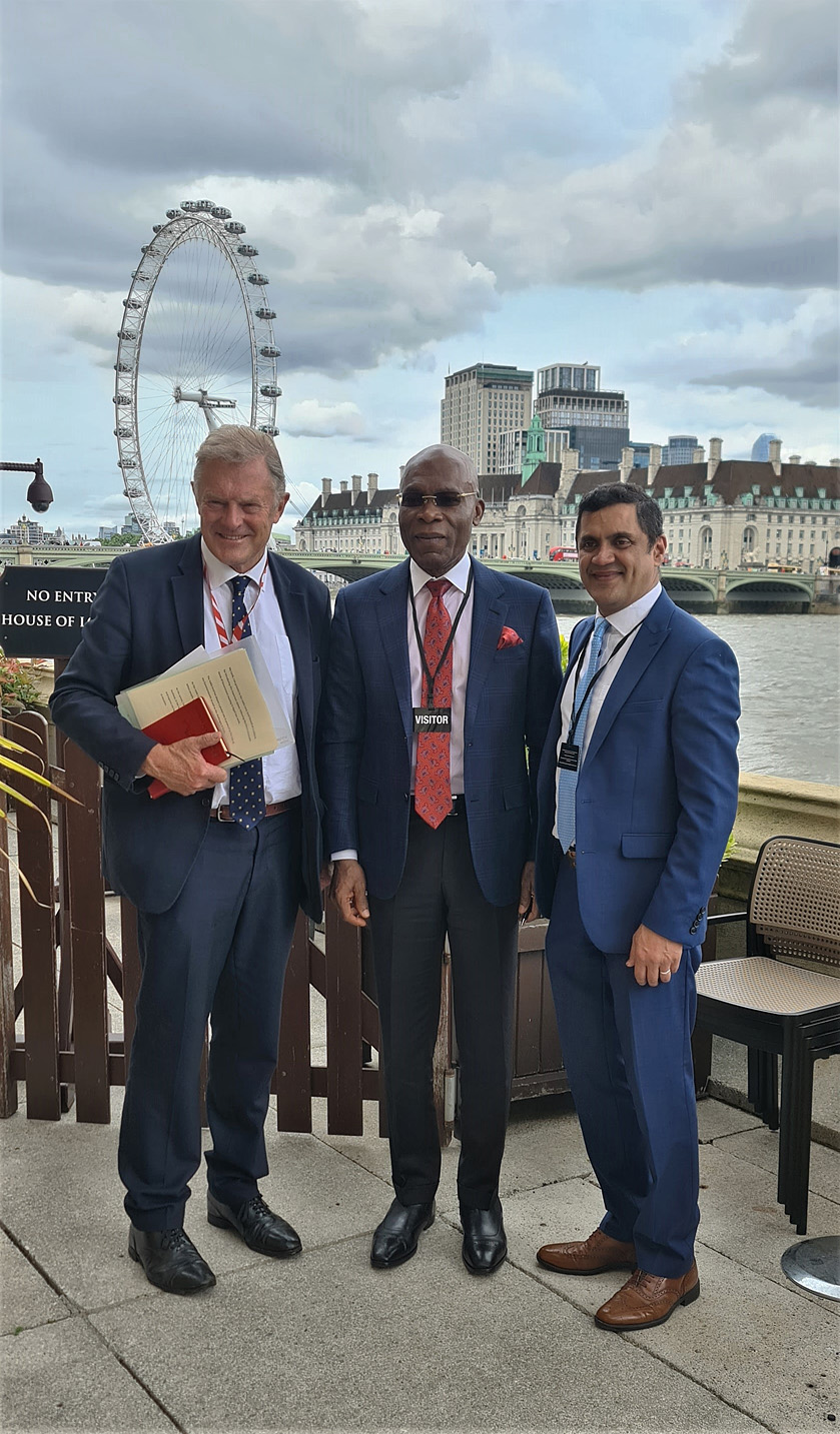 From left to right: Lord Anthony St. John of Bletso,  Dr. Leo Stan Ekeh and Mr. Shiraz Jessa meeting at the House of Lords, London